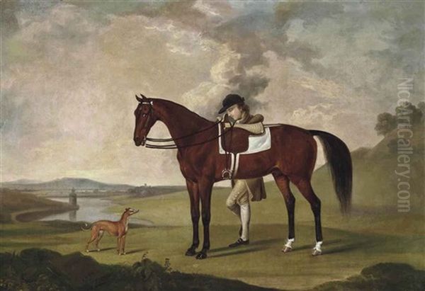 A Groom With A Saddled Bay Hunter And Whippet, In An Extensive Landscape - view 1