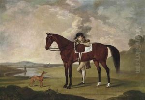 A Groom With A Saddled Bay Hunter And Whippet, In An Extensive Landscape