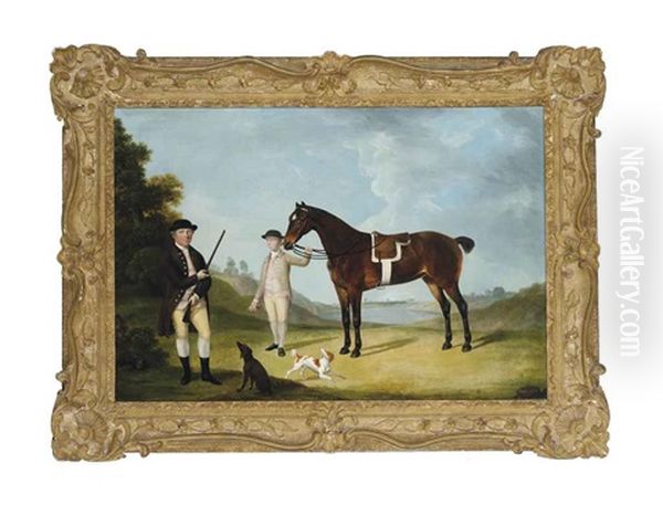 A Gentleman And His Hounds In An Extensive Landscape, His Groom Holding The Reins Of His Chestnut Hunter - view 1