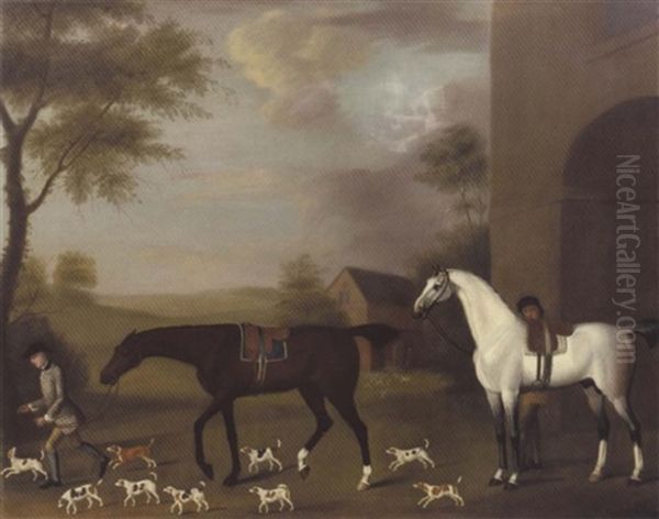 Two Hunters And Their Grooms Accompanied By Hounds - view 1