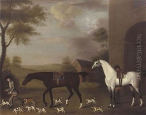 Two Hunters And Their Grooms Accompanied By Hounds Two Hunters And Their Grooms Accompanied By Hounds