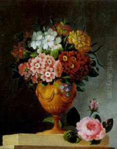 Opstilling Med Brogede Blomster I En Vase Pa En Karm Ved Vasens Fod En Lyserod Rose by Christian Strodtmann