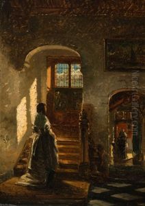 A Young Lady Standing By A Staircase
