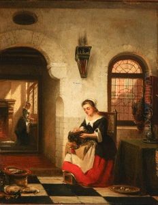 Interior Domestic Scenes: A Pair Of Works by Johannes Anthonie Balthasar Stroebel