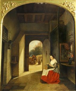 An Interior With A Woman Seated By An Open Door Arched Top