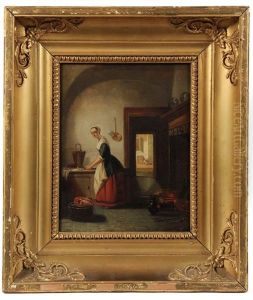 Maid At Work In Kitchen by Johannes Anthonie Balthasar Stroebel
