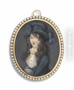 A Young Lady, In Blue Riding Habit With A Crop In Her Gloved Right Hand, White Frilled Blouse, Wearing A Blue Hat Adorned With Ostrich Feather And Rosette by Eduard (Peter Eduard) Stroehling