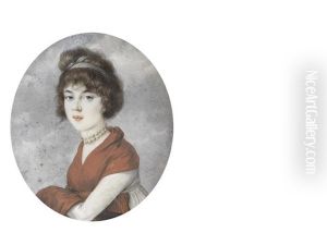 A Lady, Wearing White Dress And Double-stranded Pearl Choker, Her Red Stole Draped About Her, A Grey Bandeau In Her Upswept And Loosely Curled Hair