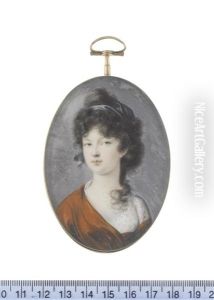 A Lady, Wearing White Dress And Burnt Umber Stole, Her Dark Hair Partially Upswept And Dressed With A Teal Bandeau by Eduard (Peter Eduard) Stroehling