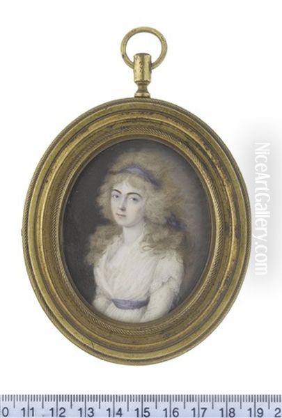 A Lady, Wearing White Dress, Blue Waist Sash, Her Powdered Hair Worn A La Conseilleur And Dressed With A Matching Bandeau - view 1