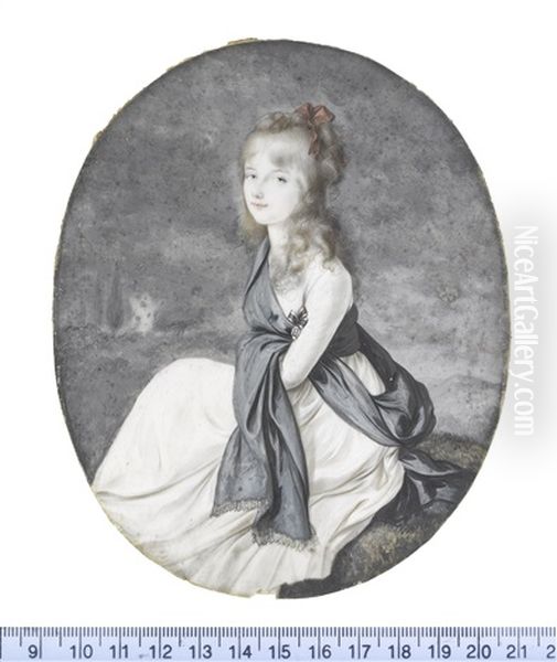 A Young Girl, Possibly Princess Alexandrine Of Prussia (1803-1892), Seated In A Landscape, Wearing White Dress With Wide Brown Waist Sash... - view 1