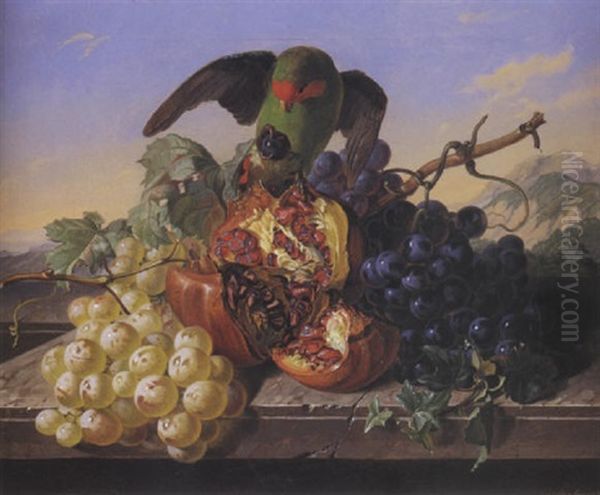 Nature Morte Aux Raisins, Grenade Et Perroquet - view 1