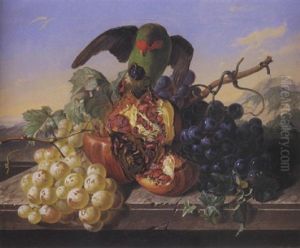 Nature Morte Aux Raisins, Grenade Et Perroquet by Antal Jozsef Strohmayer