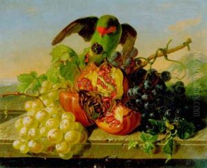 Stilleben Mit Trauben Und Auf Granatapfel Sitzendem Sittich by Antal Jozsef Strohmayer
