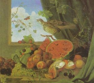 Fruchtestilleben Mit Vogel Und Schmetterling An Der Fensterbrustung Im Hintergrund