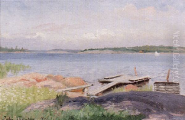Sommarlandskap Med Brygga Och Segelbat - view 1