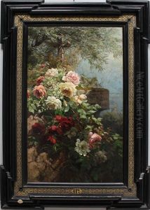 Rosengewachs An Einer Anhohe Mit Blick Auf See by Helene Marie Stromeyer