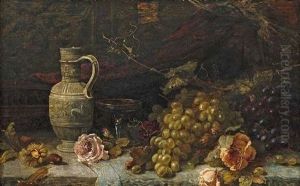 Stilleben Mit Weintrauben, Rosen, Tazza Und Reliefiertem Steinzeugkrug by Helene Marie Stromeyer