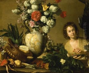 A Still Life Of Flowers, Fruit, Vegetables And Seafood On A Ledge, With A Figure Holding A Plate Of Cherries And A Cockerel Hanging In The Background