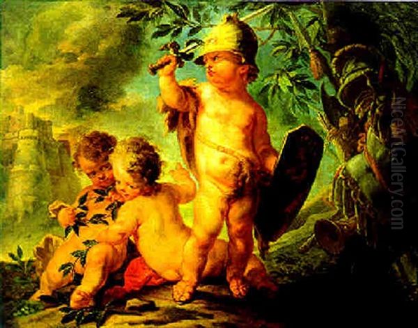 Ein Putto Als Mars Und Zwei Putten, Lorbeerkranze Flechtend - view 1