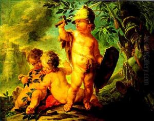 Ein Putto Als Mars Und Zwei Putten, Lorbeerkranze Flechtend by Peter Strudel