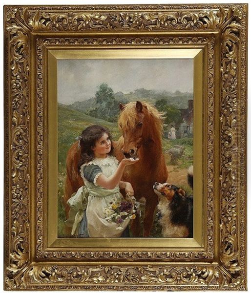 Sweet Tooth, Young Girl With Sheep Dog Feeding Sugar To A Pony - view 1