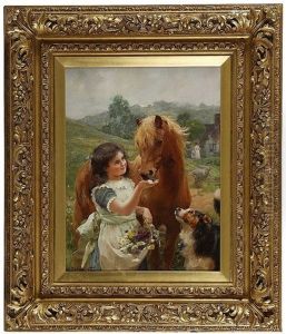 Sweet Tooth, Young Girl With Sheep Dog Feeding Sugar To A Pony