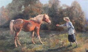 Woman Offering An Apple To A Pony by Alfred William Strutt
