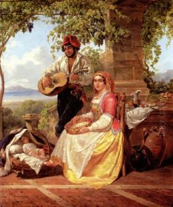 Musizierende, Neapolitianische Familie Auf Einer Von Weinreben Umrankten Terrasse