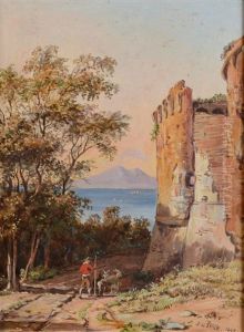A View To Vesuvius Past A Goat Herd And A Ruined Castle by Jacob George Strutt