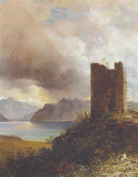 A Goatherder By A Ruined Tower In A Mountainous Lake Landscape - view 1
