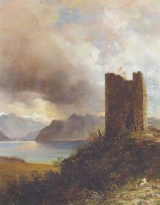 A Goatherder By A Ruined Tower In A Mountainous Lake Landscape A Goatherder By A Ruined Tower In A Mountainous Lake Landscape