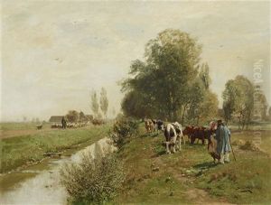 Brook Landscape With Shepherds by Otto Struetzel