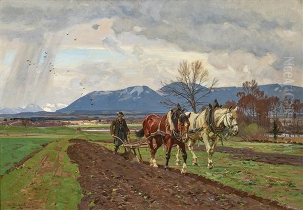 A Ploughing Farmer (view Of Brauneck And Karwendelspitze) - view 1
