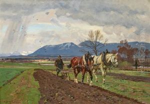 A Ploughing Farmer (view Of Brauneck And Karwendelspitze) by Otto Struetzel