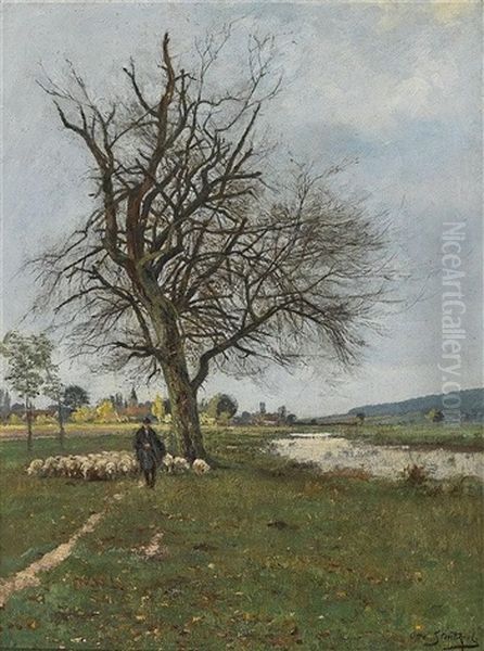 Schafer Mit Herde In Vorfruhlingslandschaft - view 1