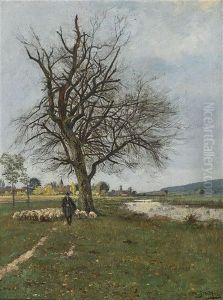 Schafer Mit Herde In Vorfruhlingslandschaft