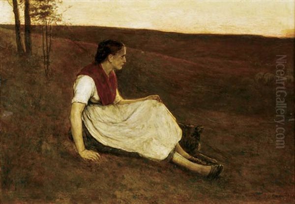 Shepherdess With Dog At Dusk - view 1