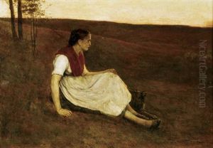 Shepherdess With Dog At Dusk by Alexander Theodore Honore Struys