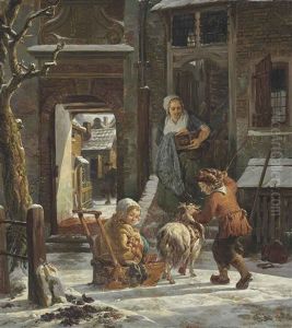 A Snowy Outdoor Courtyard With Children Playing On A Goat-drawn Sleigh A Snowy Outdoor Courtyard With Children Playing On A Goat-drawn Sleigh