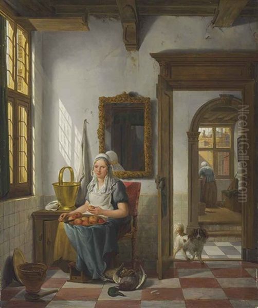 An Interior With A Woman Peeling Apples - view 1