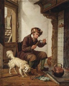 A Man Smoking A Pipe Near The Fireplace, A Dog At His Feet by Abraham Ii Van Stry