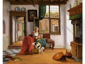 Hollandisches Interieur Mit Strickender Junger Frau Und Hund by Abraham Ii Van Stry