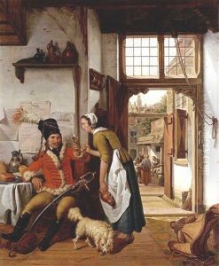 An Interior Of An Inn With An Officer Drinking A Glass Of Wine And A Serving Woman Holding A Jug, A View Of The Courtyard With A Fish Vendor Beyond by Abraham van Stry the Younger