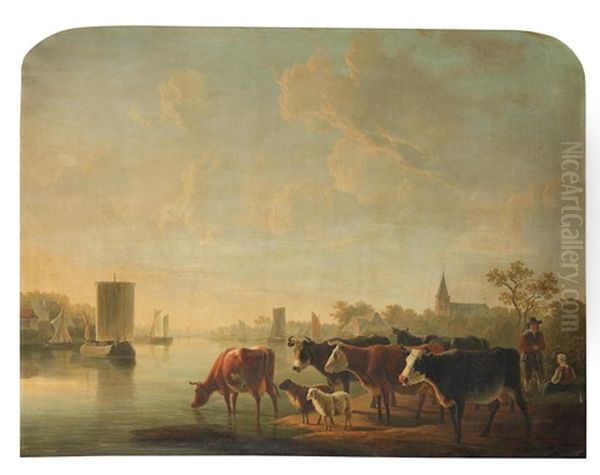 Drovers With Cattle By A River - view 1