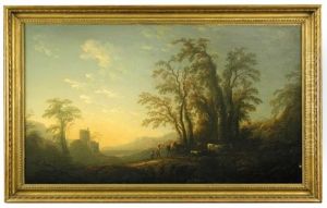 Herders With Goats On A Track With A Mule And A Goat Overlooking A Lake In An Italianate Landscape