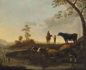 Herdsmen And Their Cattle On A River Bank