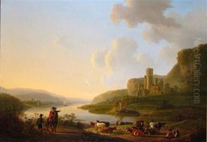 Travellers, Herdsmen And Cattle In An Extensive River Landscape With A Castle And Distant Town by Jacob Van Stry
