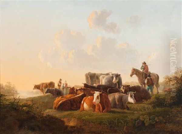 Shepherds With Resting Cattle In River Landscape - view 1