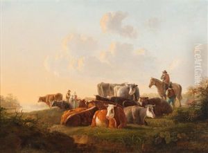 Shepherds With Resting Cattle In River Landscape by Jacob Van Stry